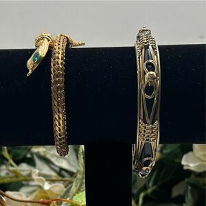 Lot Of 2 Vtg Bracelets Gold-tone Mesh Snake Serpent & Black Enamel Cuff Bangle